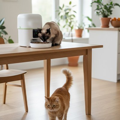 Distributeur croquette chat MonChatAutoDi-wifi et camera blanc proximité