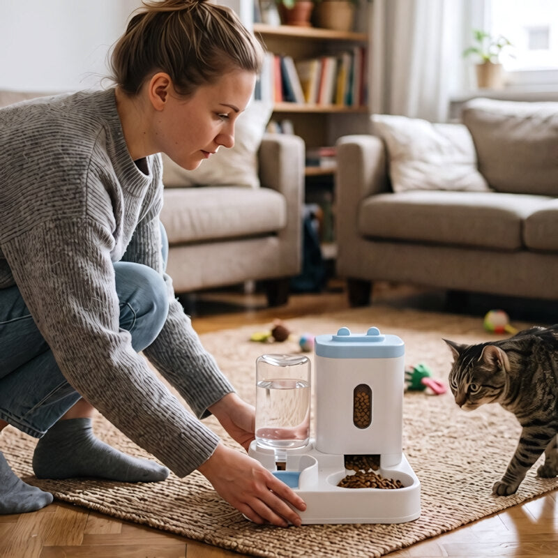 Distributeur croquettes Chat MonChatduoLibre 2 en 1 sans électricité bleu