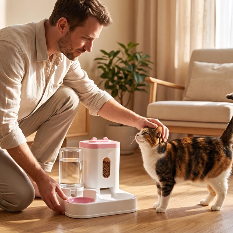 Distributeur croquettes Chat MonChatduoLibre 2 en 1 sans électricité rose