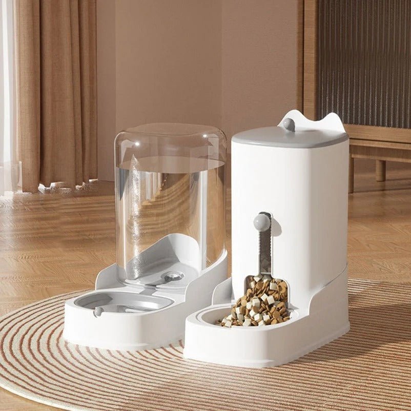 Distributeur croquettes chat ensemble croquettes eau gris