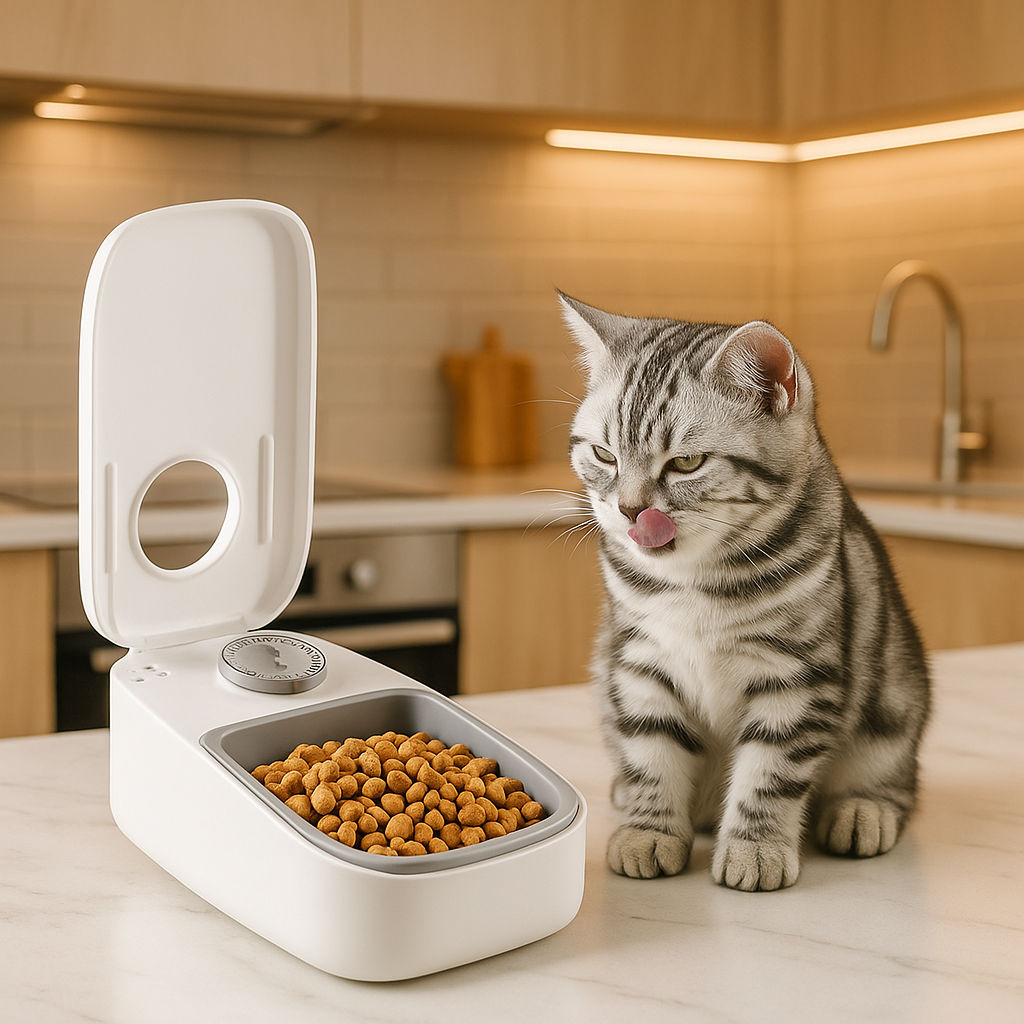 Distributeur de croquettes automatique pour chat MonChatAutoFeed simple gris chat