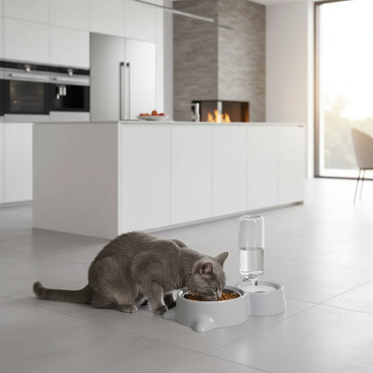 Distributeur eau et croquettes pour chat gris