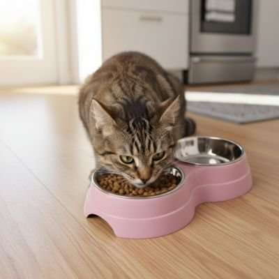 Double gamelle pour chat MonChatDuo rose nourriture