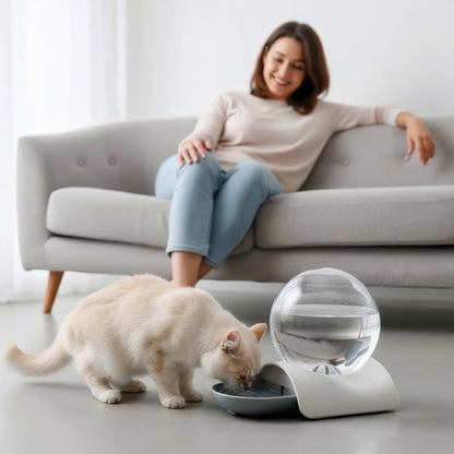 fontaine à eau chat sans électricité MonChatNaturEau gris boit salon