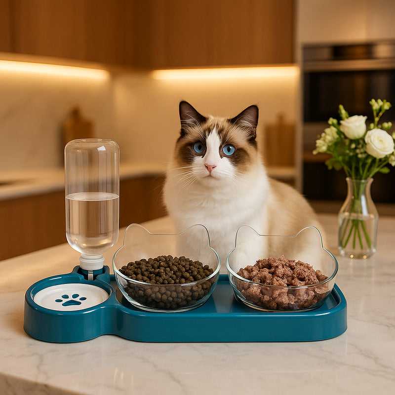 Gamelle chat surélevée bleu avec chat pose