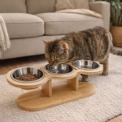 Gamelle surélevée chat MonChatGamaTrio mange