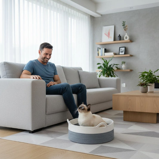 homme salon panier en osier chat monchatcocon