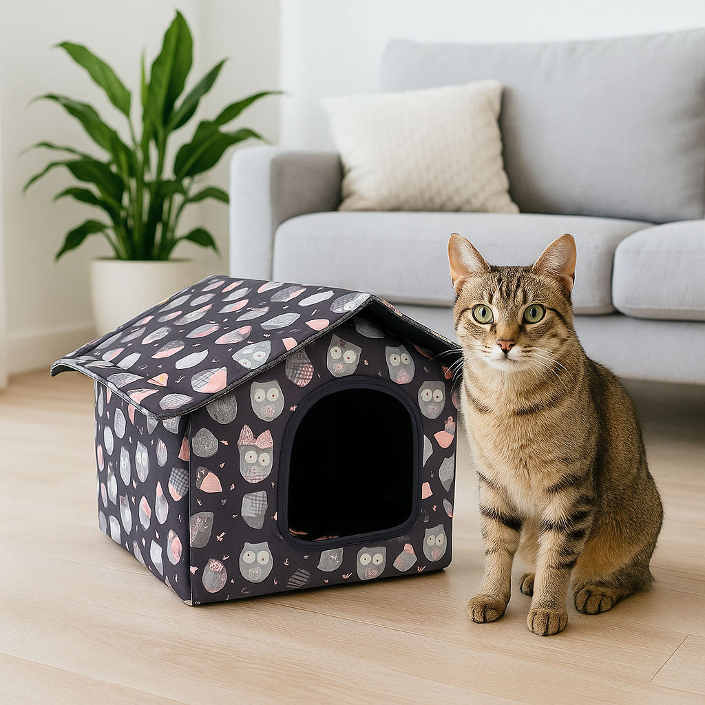 maison chat confort malin gris hiboux intérieur