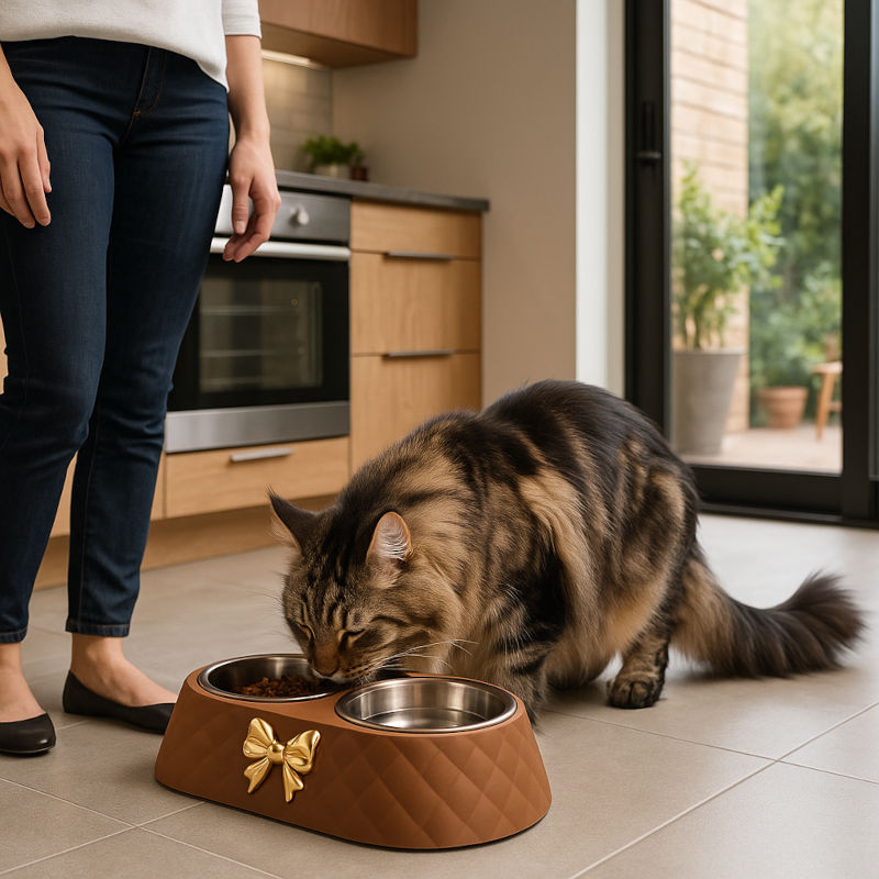 mange gamelle surélevée chat marron