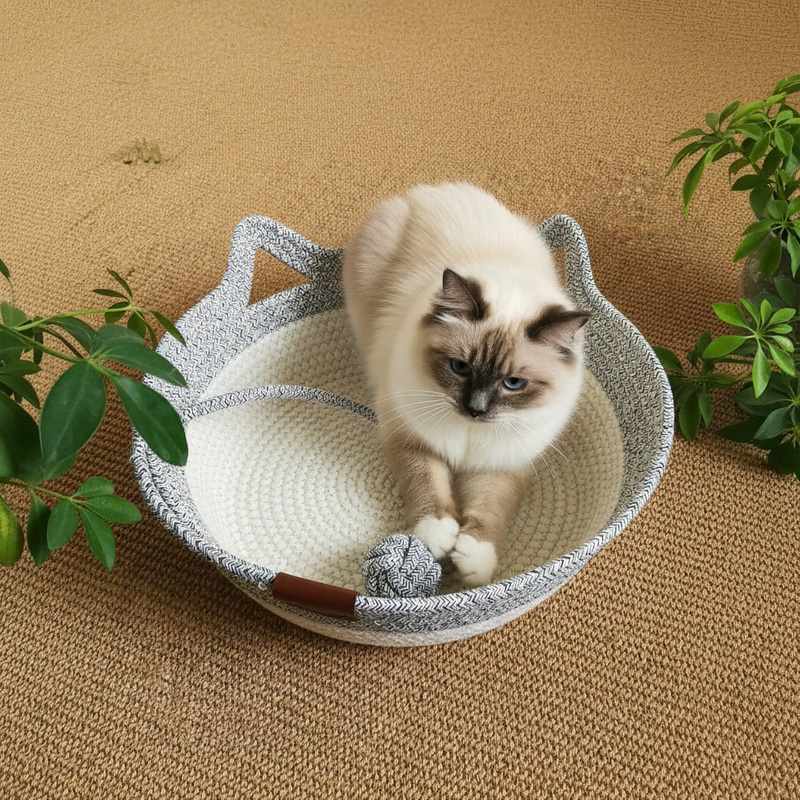 Panier à chat en osier monchatcosier chat gris joue