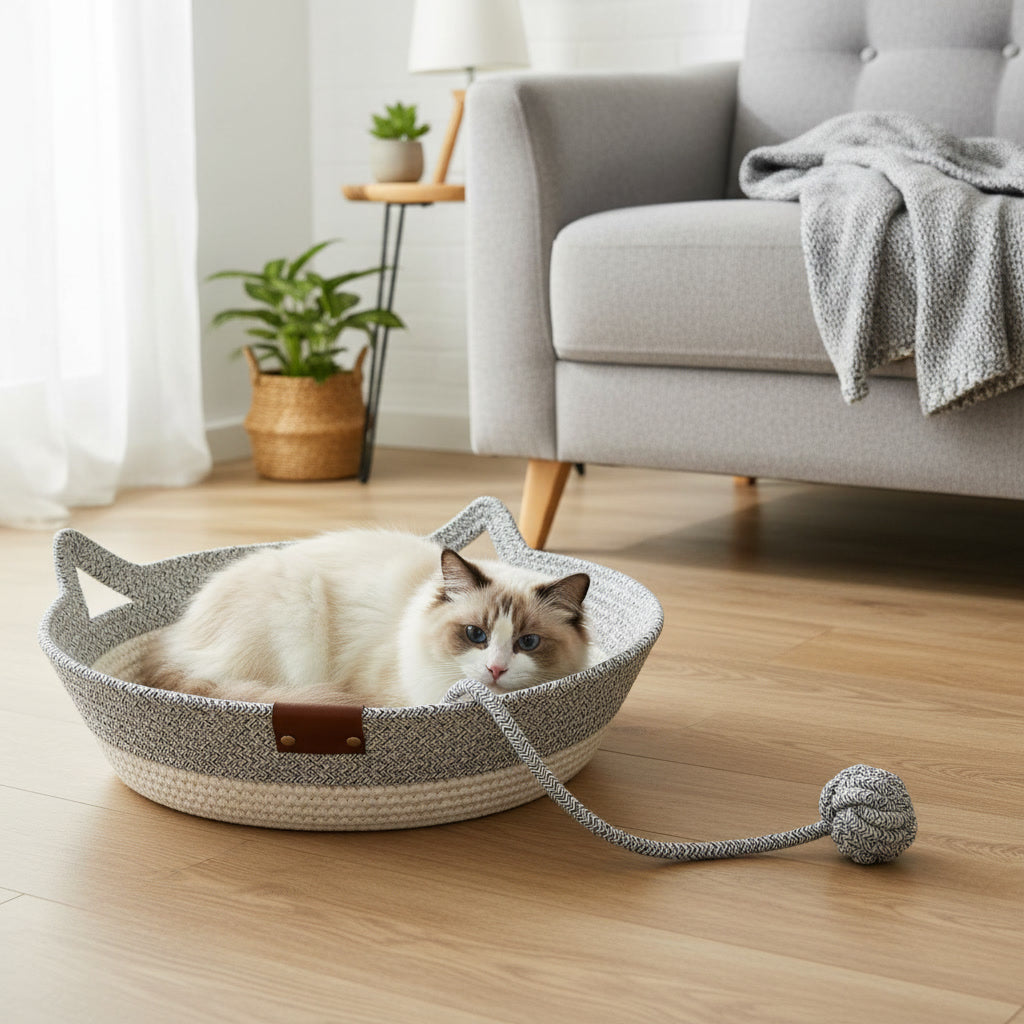 Panier à chat en osier monchatcosier chat gris