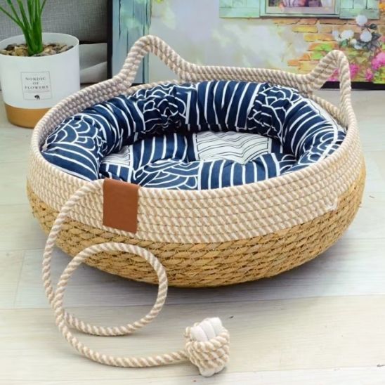 Panier chat osier bleu petit
