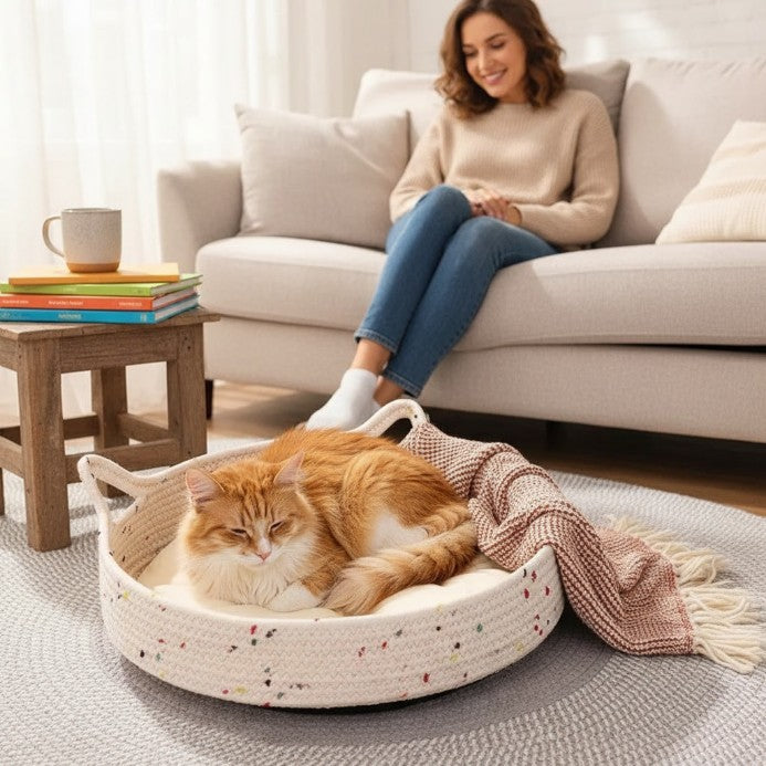 panier pour chat en osier monchatpanotin M coussin blanc