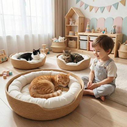 panier pour chat en osier partout dans maison