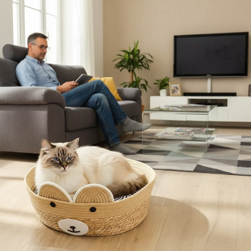 salon panier osier chat MonChatCoconier réveillé tête ours