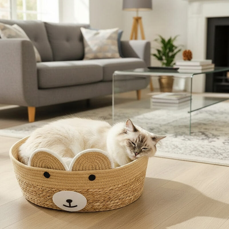 salon panier osier chat dort tête ours