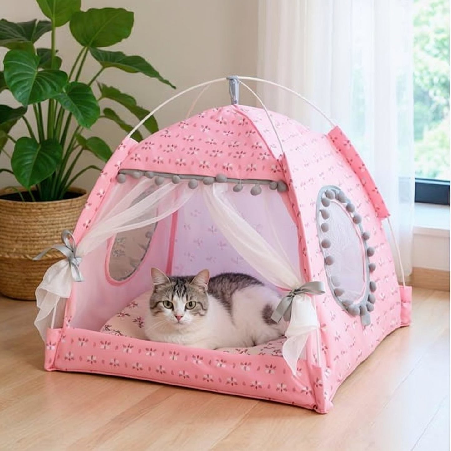 tente pour chat rose avec chat